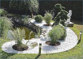 Gartengestaltung Landschaftsbau Ein geschmackvoll angelegter Garten mit Weiher, Steinen und dekorativen Pflanzen.